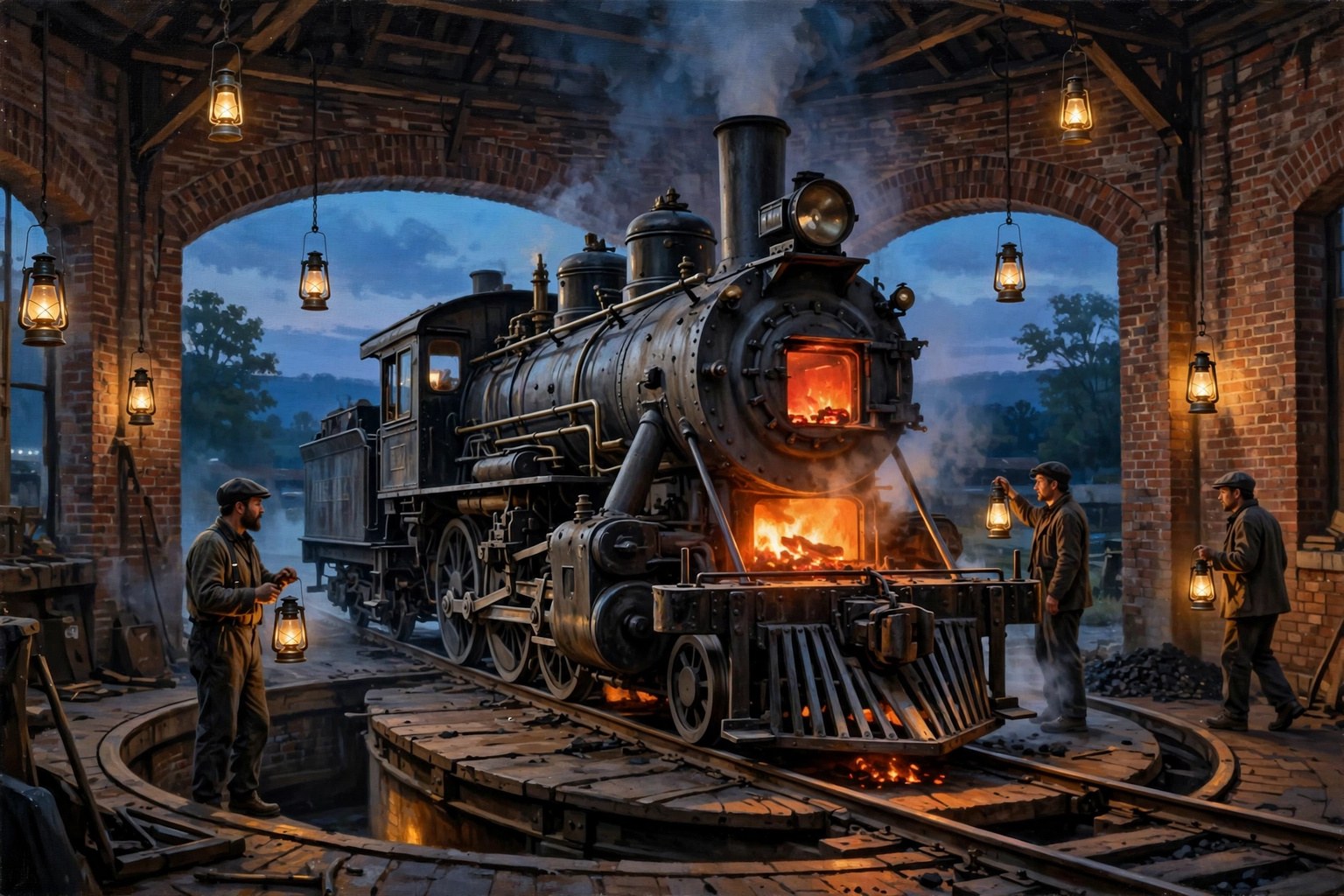 Illustration of an Erie Railroad steam locomotive at the Port Jervis roundhouse at dusk