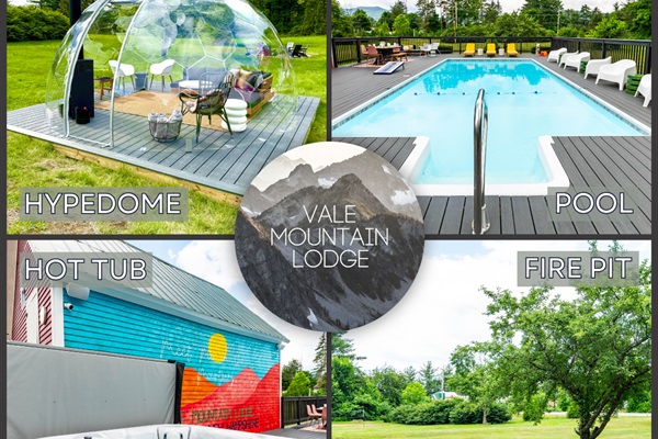 [Exterior, Amenities] Hypedome, inground pool, hot tub, fire pit, indoor bar, and children's playroom.  There's something for everyone at Vale Mountain Lodge.