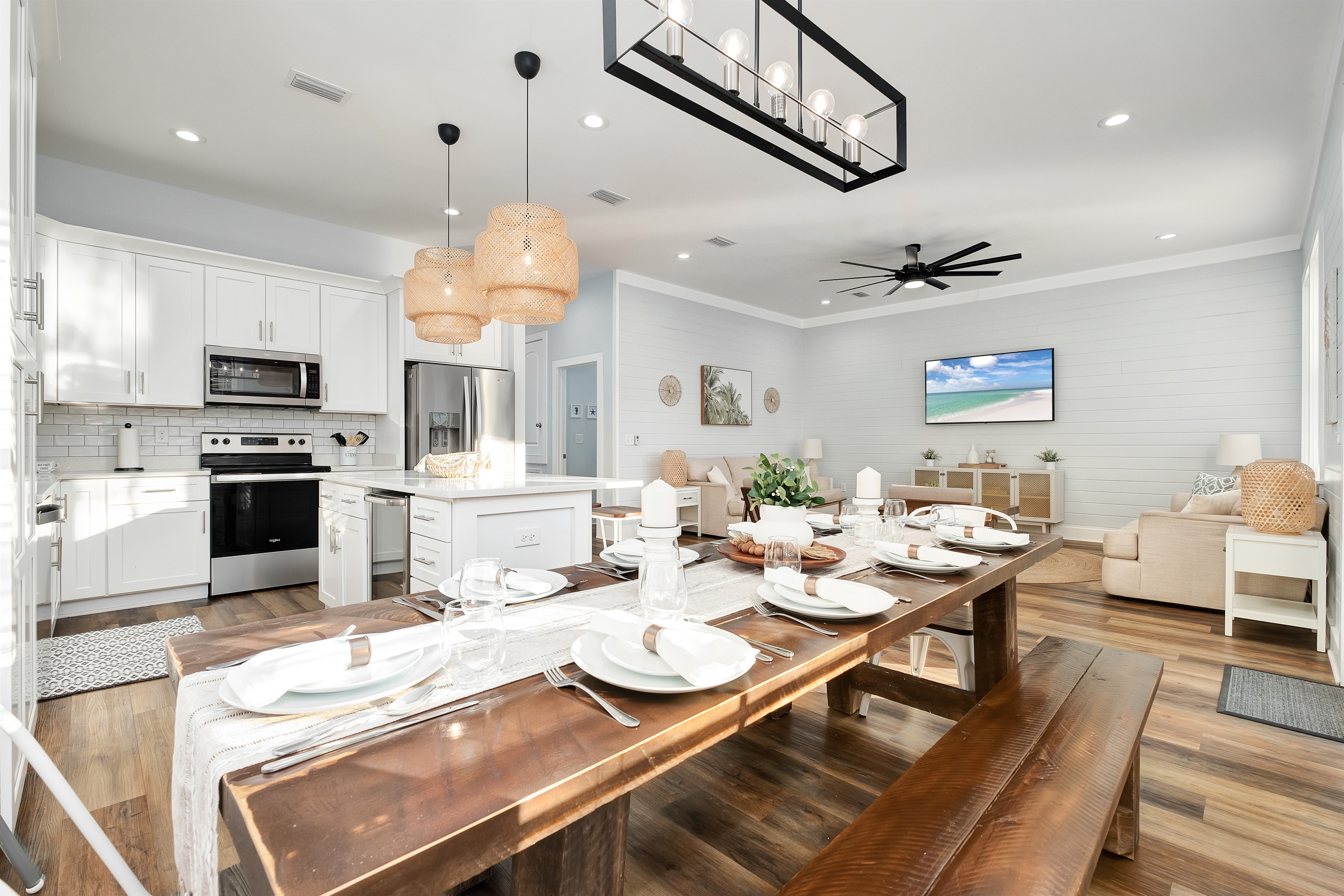 The dining room has a large table that can seat up to 12 people. It’s ideal for hosting dinner parties, celebrating special occasions, or just enjoying a casual meal together.