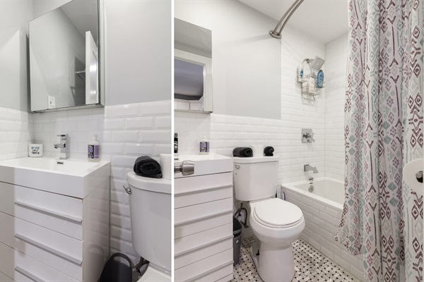 Shower & tub in the bathroom. We supply bath towels, face towels, shampoo, conditioner, and soap wash. We use large size containers to be eco - friendly. 