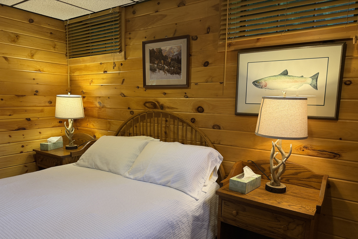 Queen bed in lower level living area