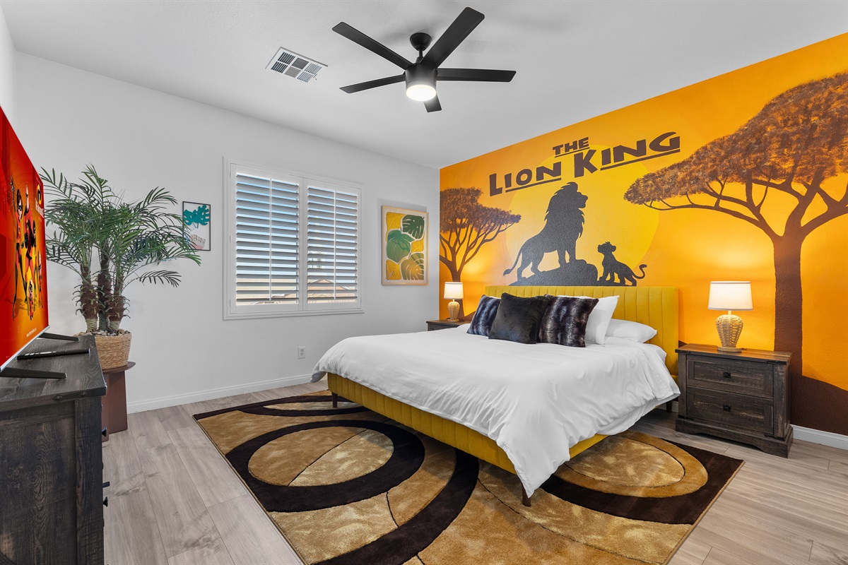 Lion King Las Vegas musical themed bedroom with King bed and custom hand-drawn artwork.  All bedrooms have a 55" 4K TV.  It’s Showtime!