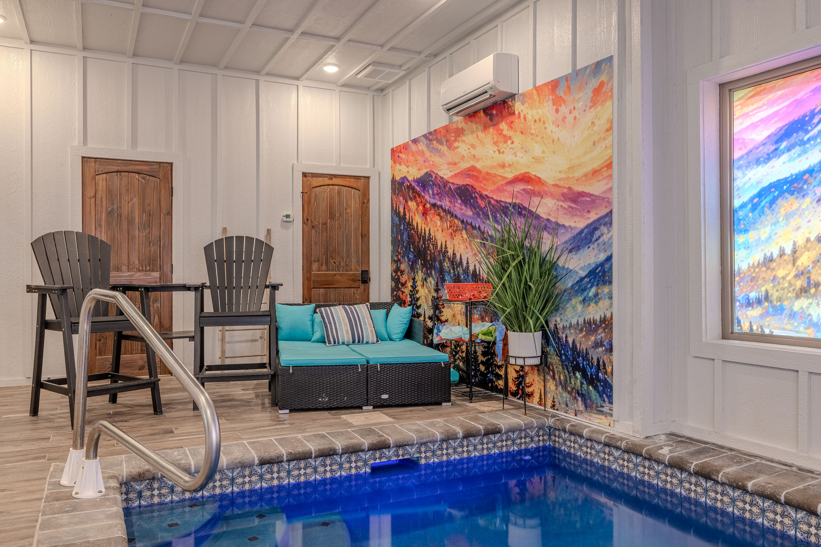Poolside seating makes it easy to relax between swims.