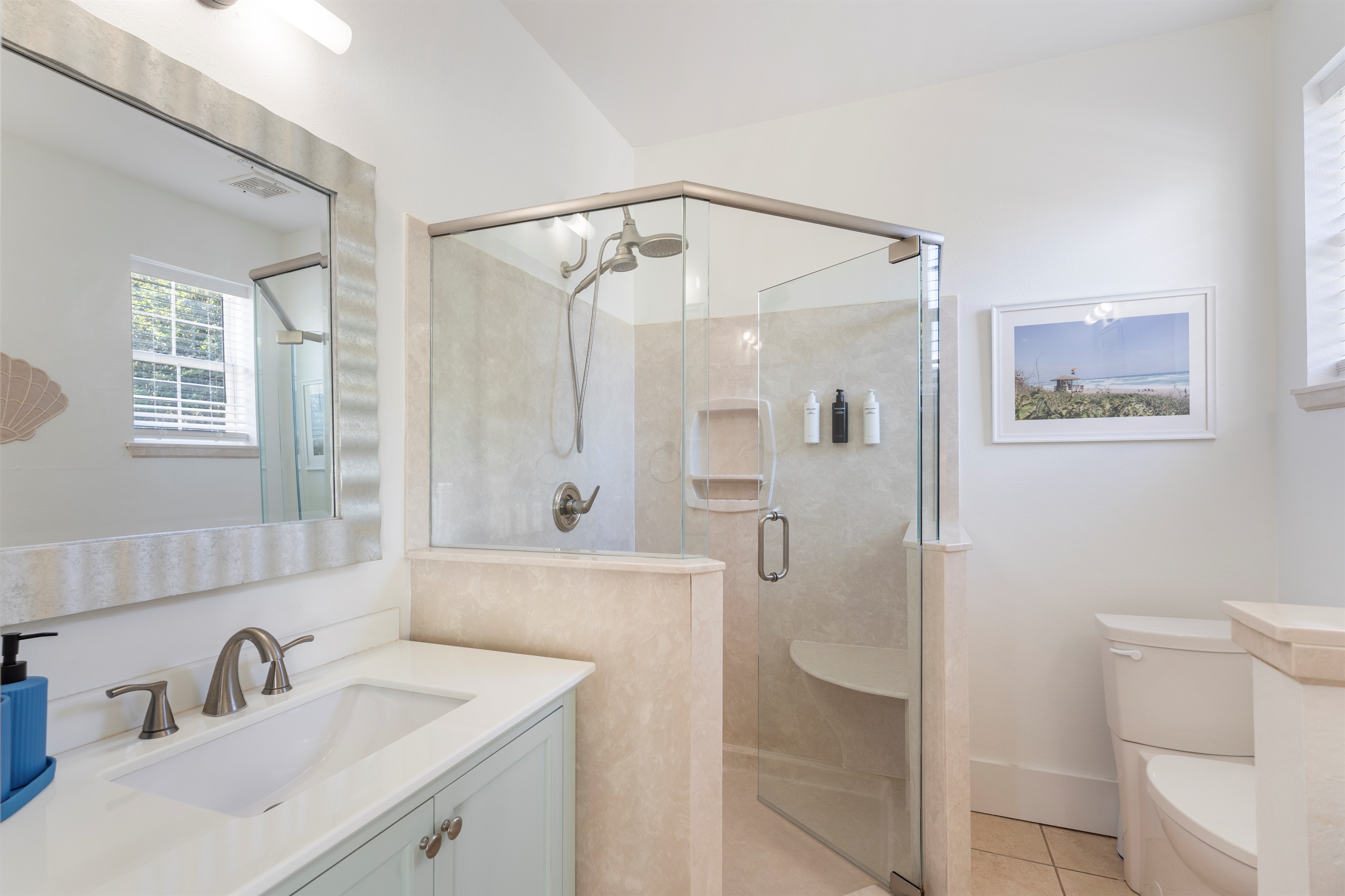 Primary bathroom with makeup counter