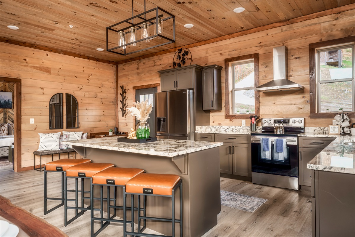 Open floor plan with kitchen, dinning area and living room