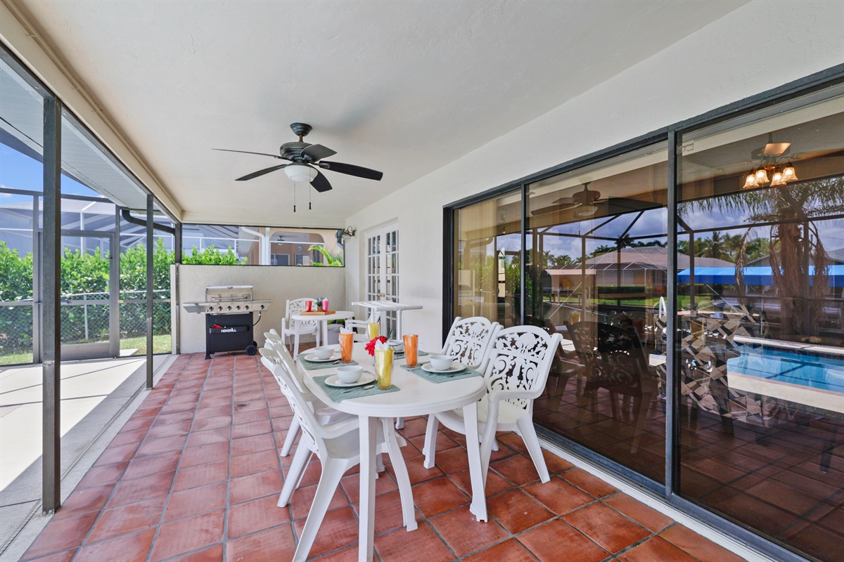 Dine al fresco with serene pool views