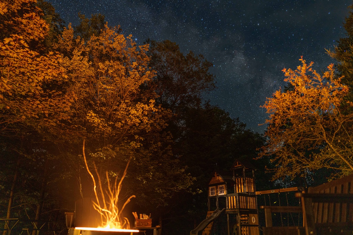 A crackling fire and glowing trees set the scene for magical stargazing nights.