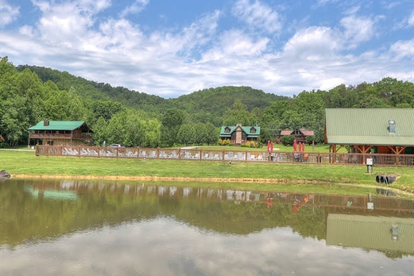 Complimentary year round fishing pond at Honey Suckle Meadows Pool