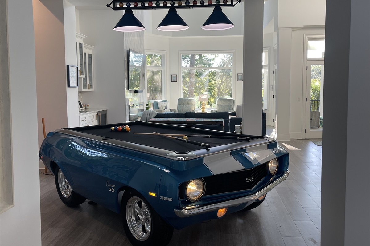 Cruise around this custom 69 Chevy Camaro pool table w/real tires, rims & lights