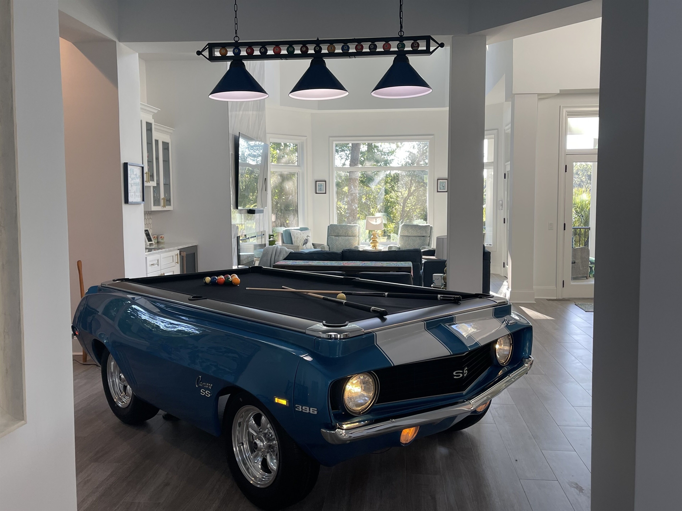 Cruise around this custom 69 Chevy Camaro pool table w/real tires, rims & lights