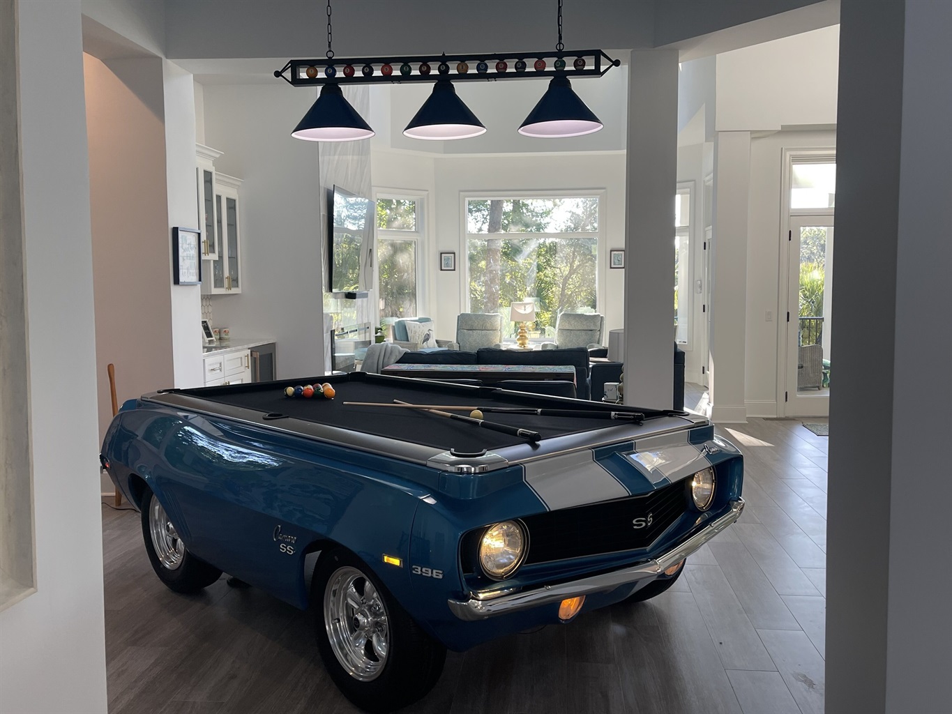 Cruise around this custom 69 Chevy Camaro pool table w/real tires, rims & lights