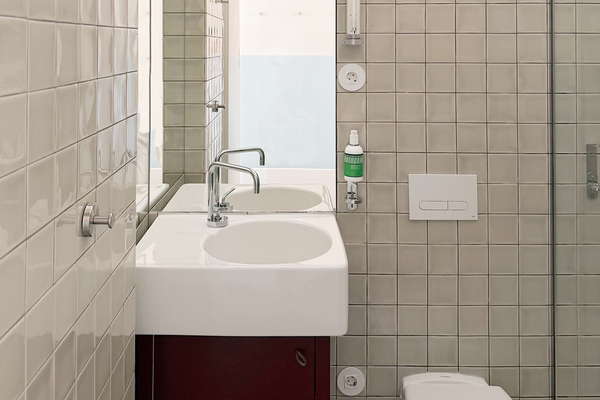 Tiled bathroom.