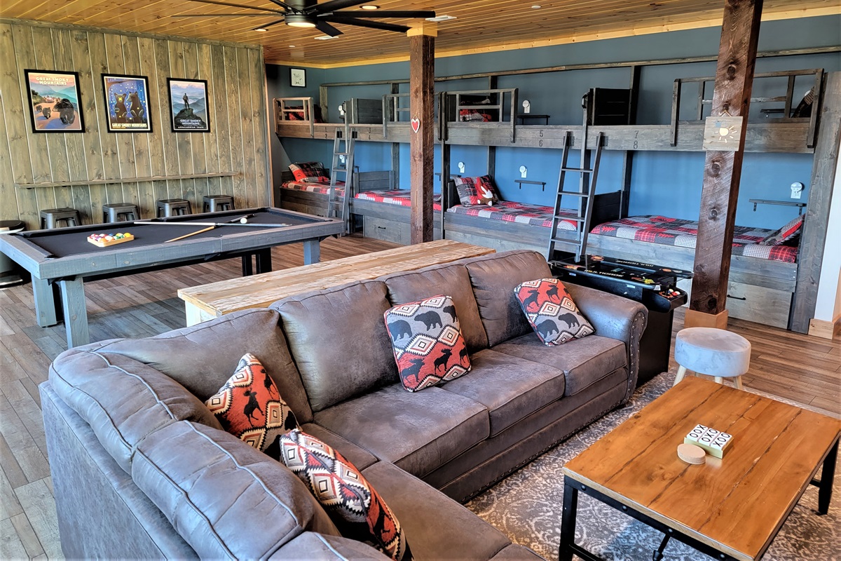 The game room has bunks, pool table, arcade machine, TV, XBox and lots of fun for the family.