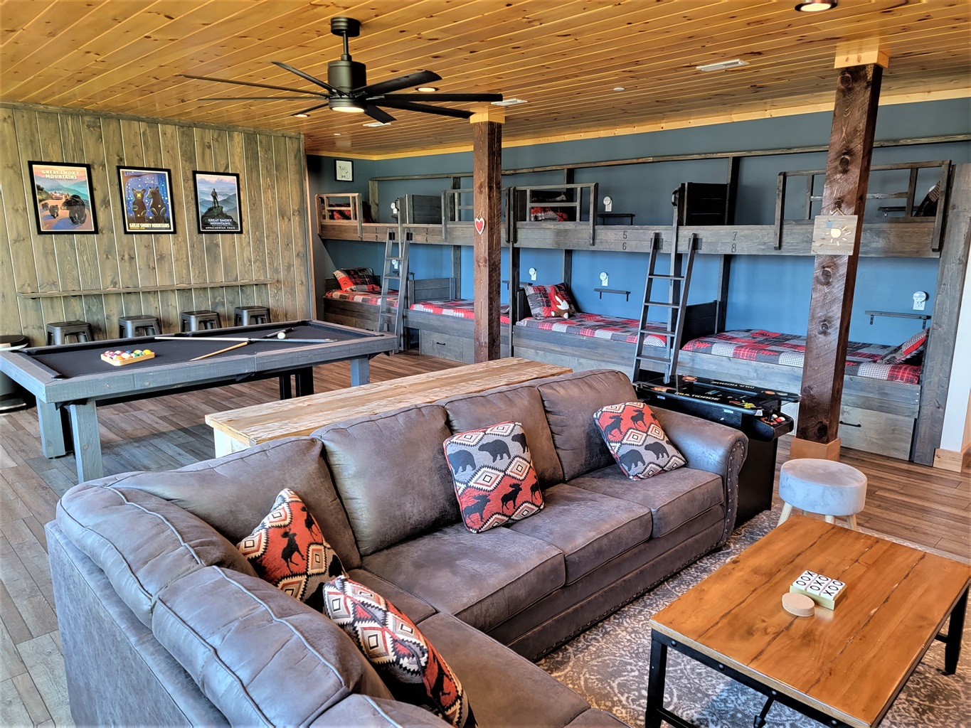 The game room has bunks, pool table, arcade machine, TV, XBox and lots of fun for the family.