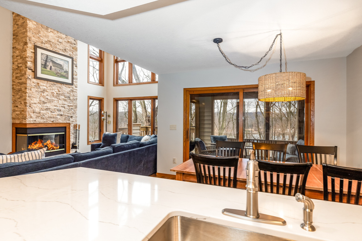 Looking out from the kitchen to the dining area and living room 