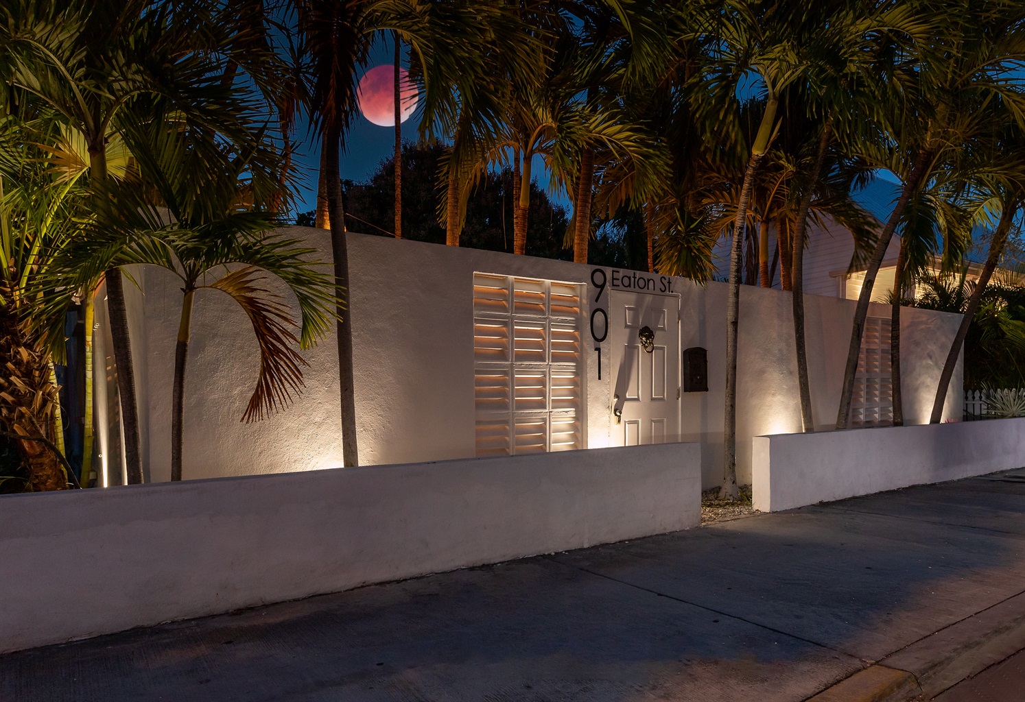 Exterior Welcome: Brightly lit entrance flanked by swaying palms, inviting you to paradise!