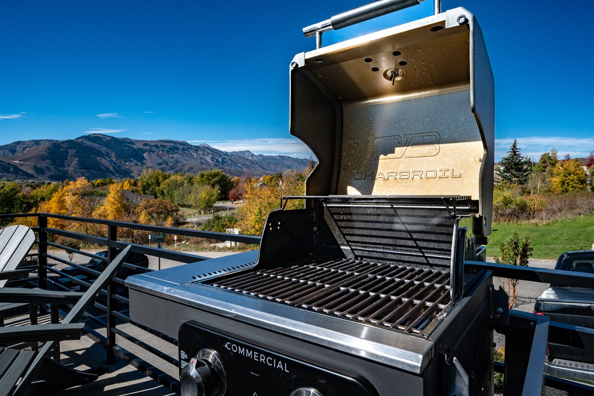 Propane grill ready for outdoor dining on the deck.