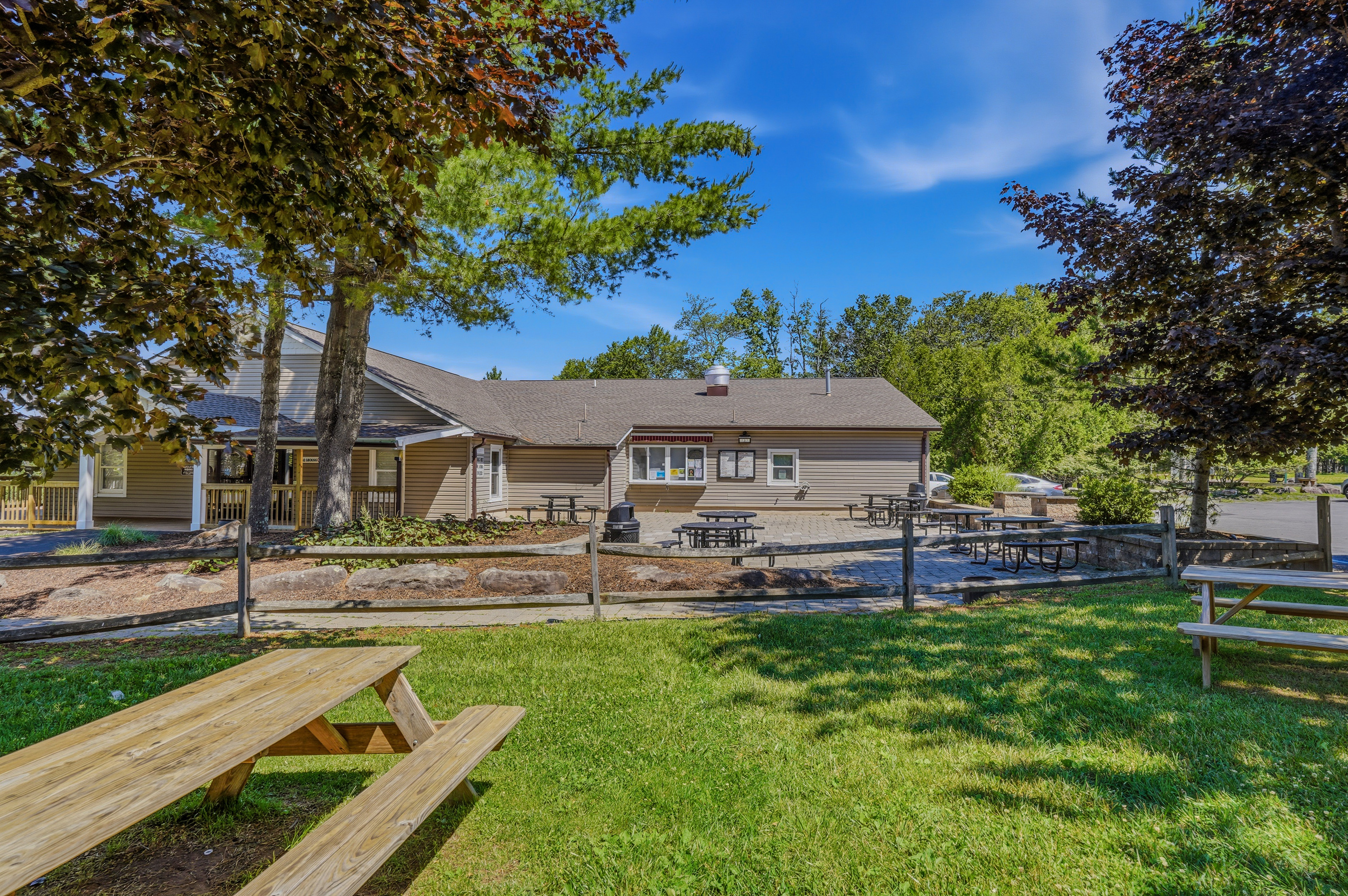 Community pavilion and recreation area with picnic seating