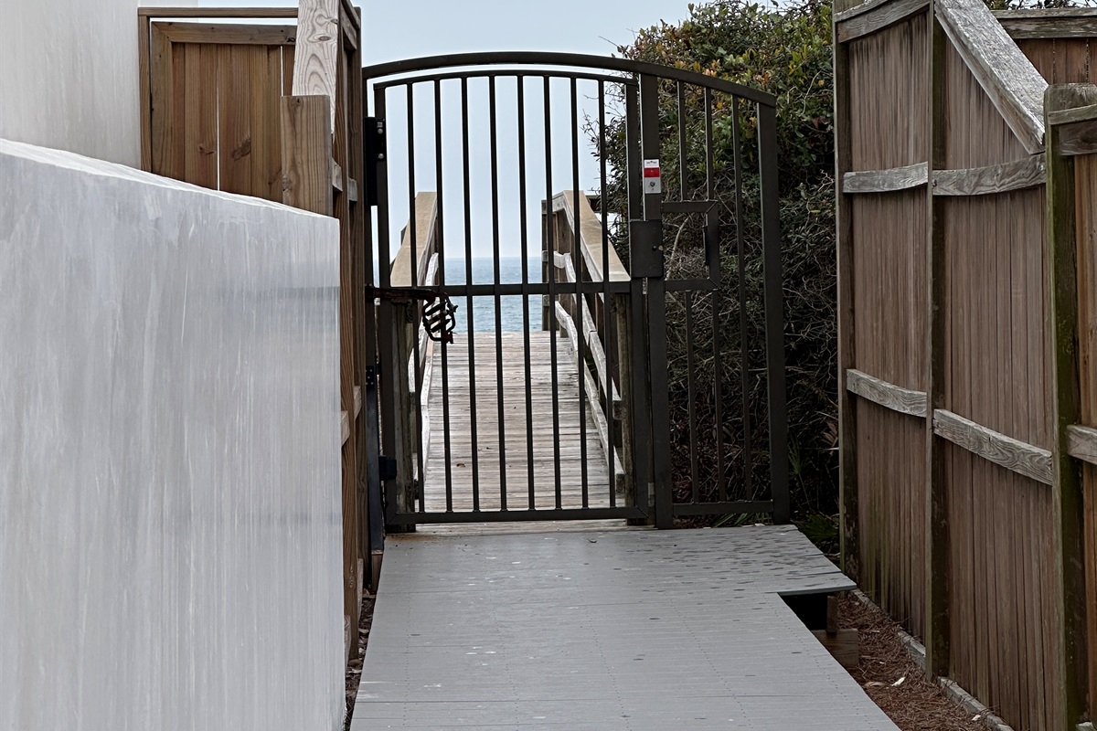 Private deeded beach access stairs, public beach is located to the east & west at the base of the stairs. Estimated walking time is a few minutes, approximately .1 and .2 miles. You can also buy a beach setup from the vendor at the bottom of the stairs.