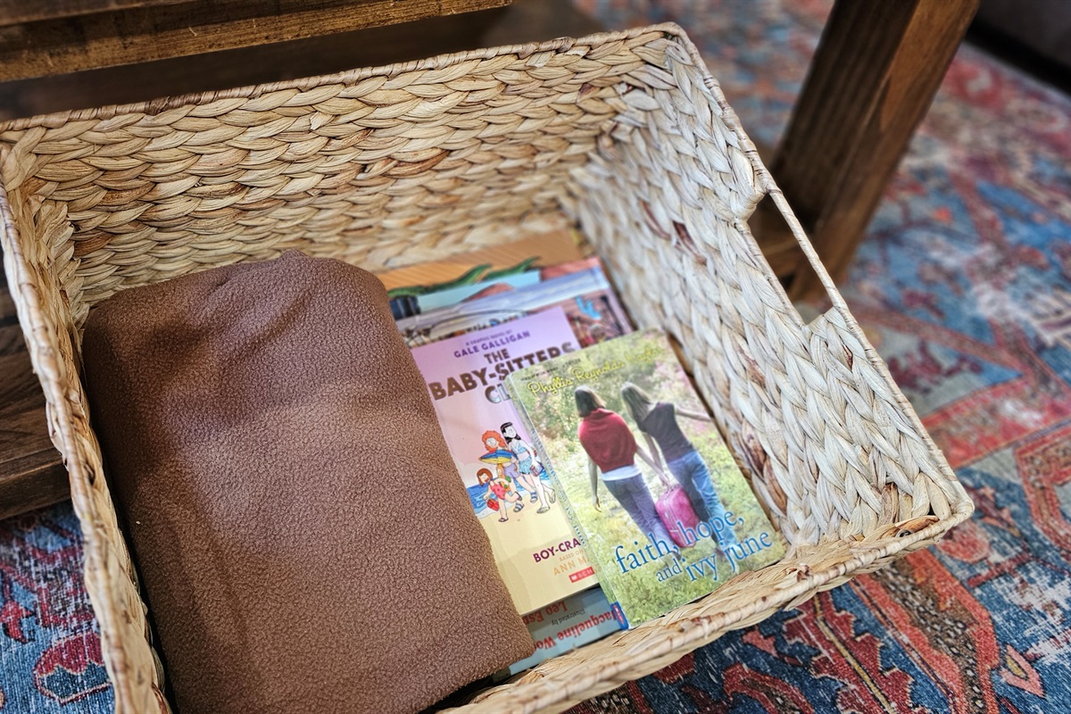 Books and blankets under the coffee table.