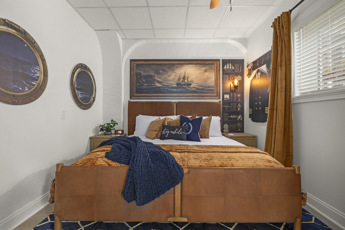 The third themed bedroom is Captain's Quarters, with a King sized bed.