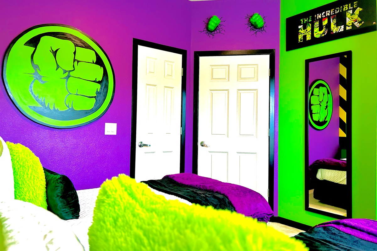 HULK inspired decor brighten up this fun room