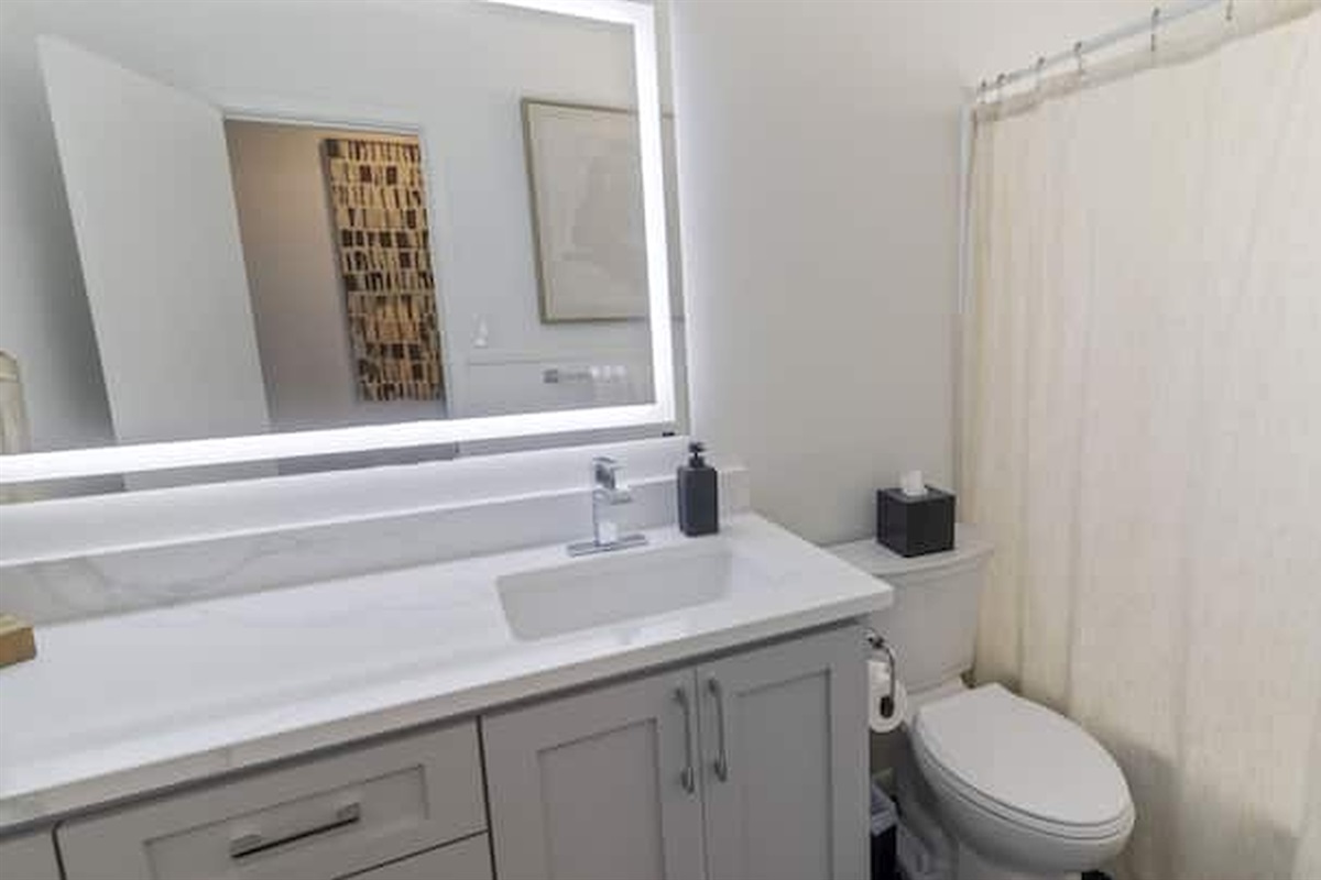 Clean and updated bathroom with modern finishes and bright lighting.
