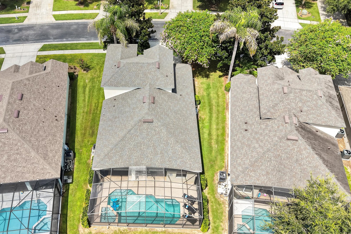 Motunui Villa Aerial: Overhead view of Motunui Villa and its private screened pool and spa.