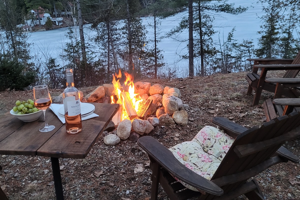 Indulge, all year, every season in the joys of a fire by the lake; nothing compares!