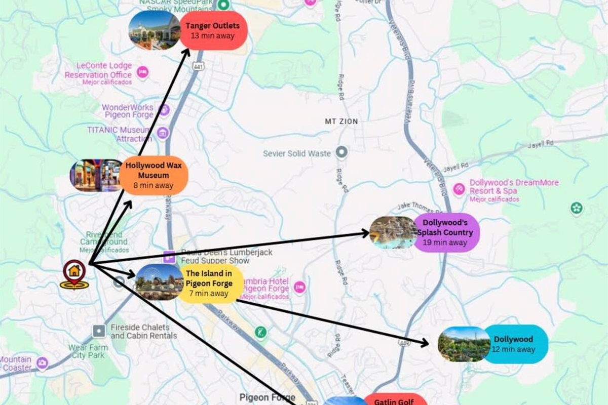 This custom map highlights a property’s prime location in Pigeon Forge, just minutes from top attractions!