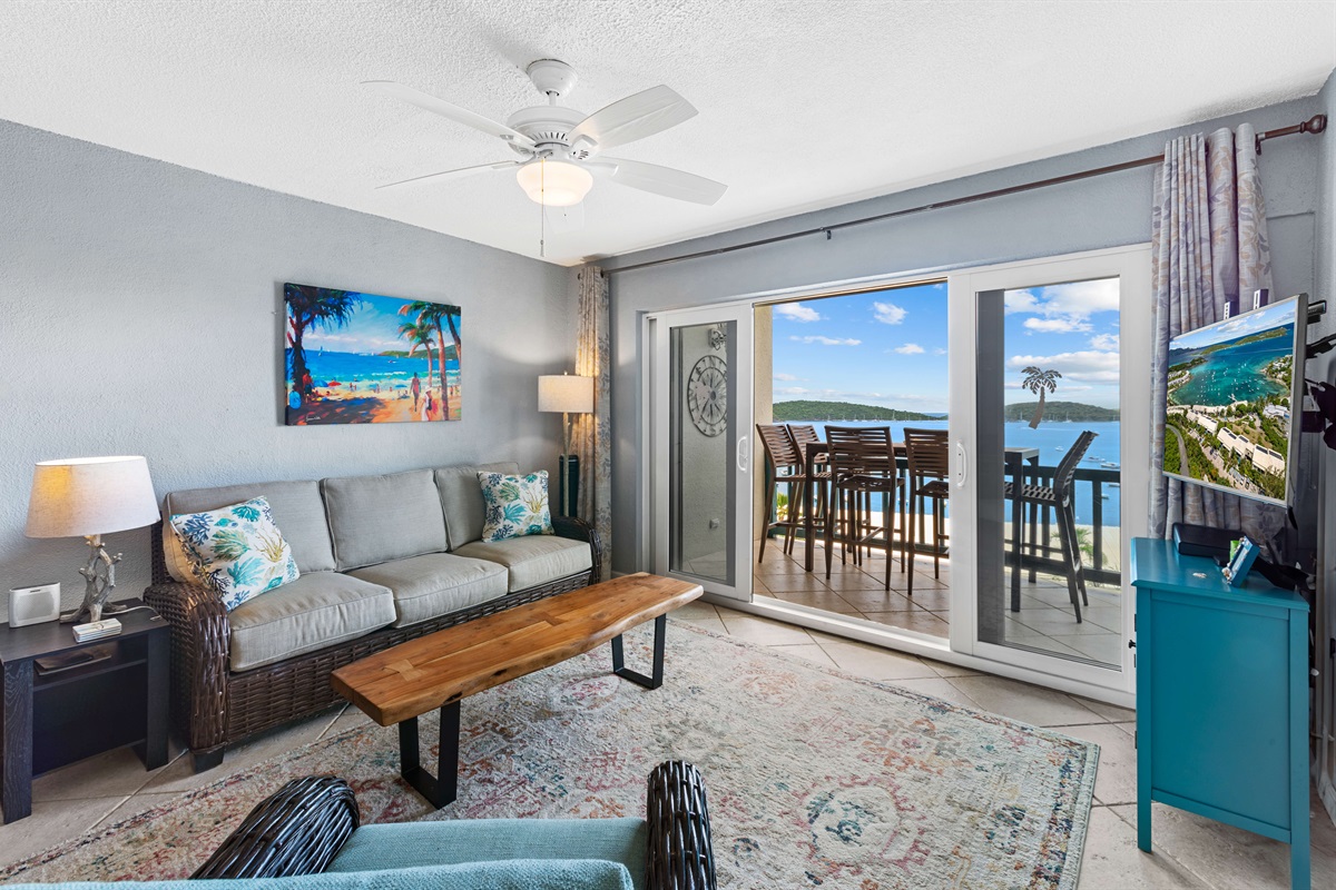 Coastal-themed living room that balances style and comfort for all-day lounging.