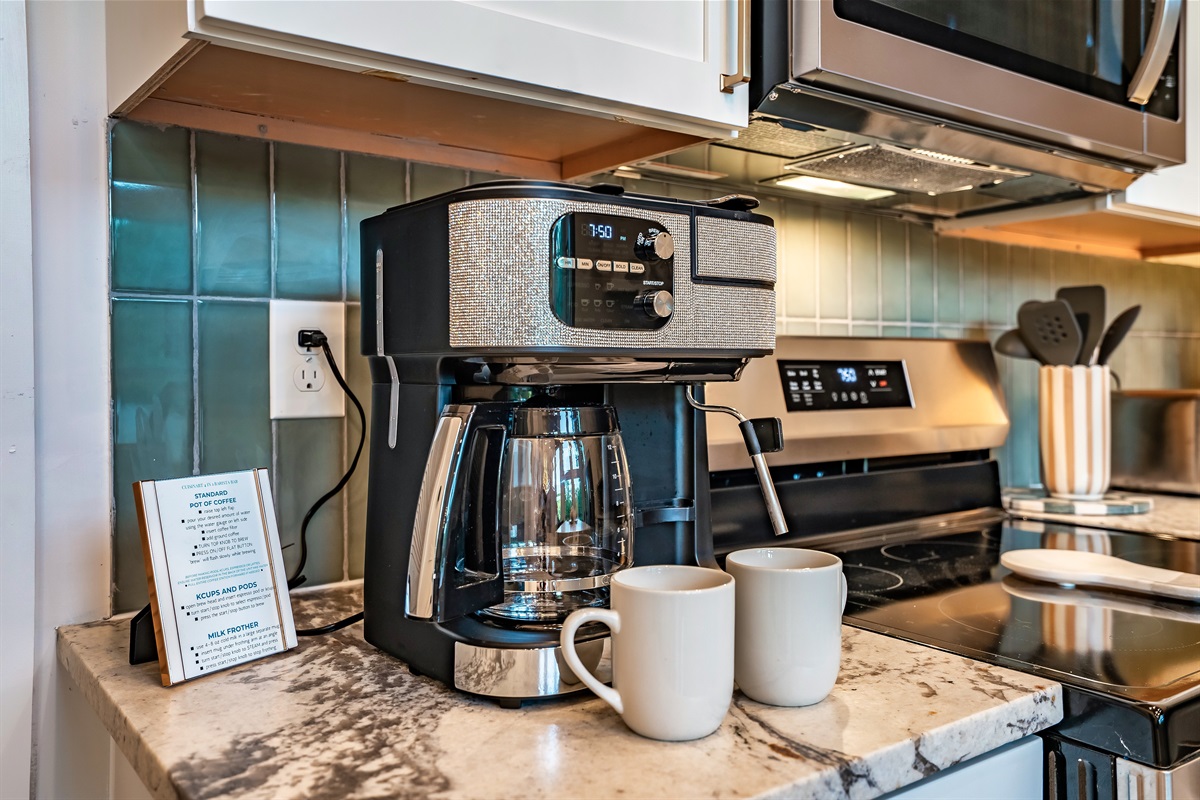 Barista bar that brews traditional coffee, keurig pods, espresso pods and has a steam pump arm for lattes