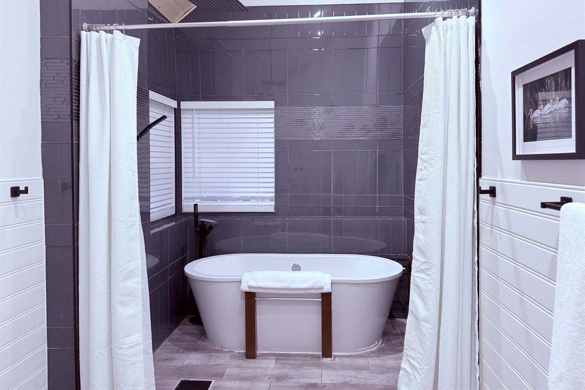 Primary ensuite bathroom featuring both a walk-in shower and relaxing soaker tub