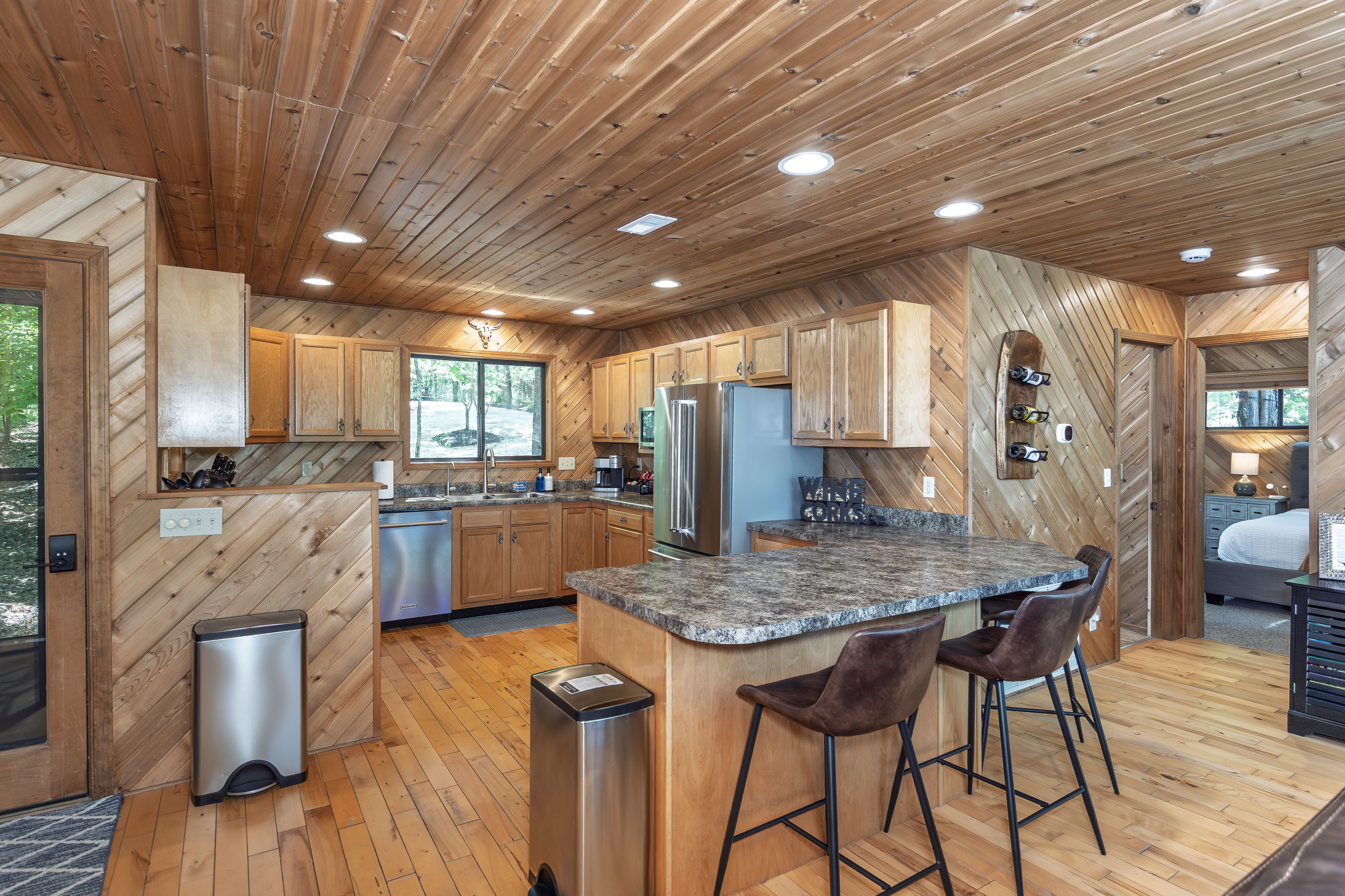 Large island provides extra prep space and casual seating.