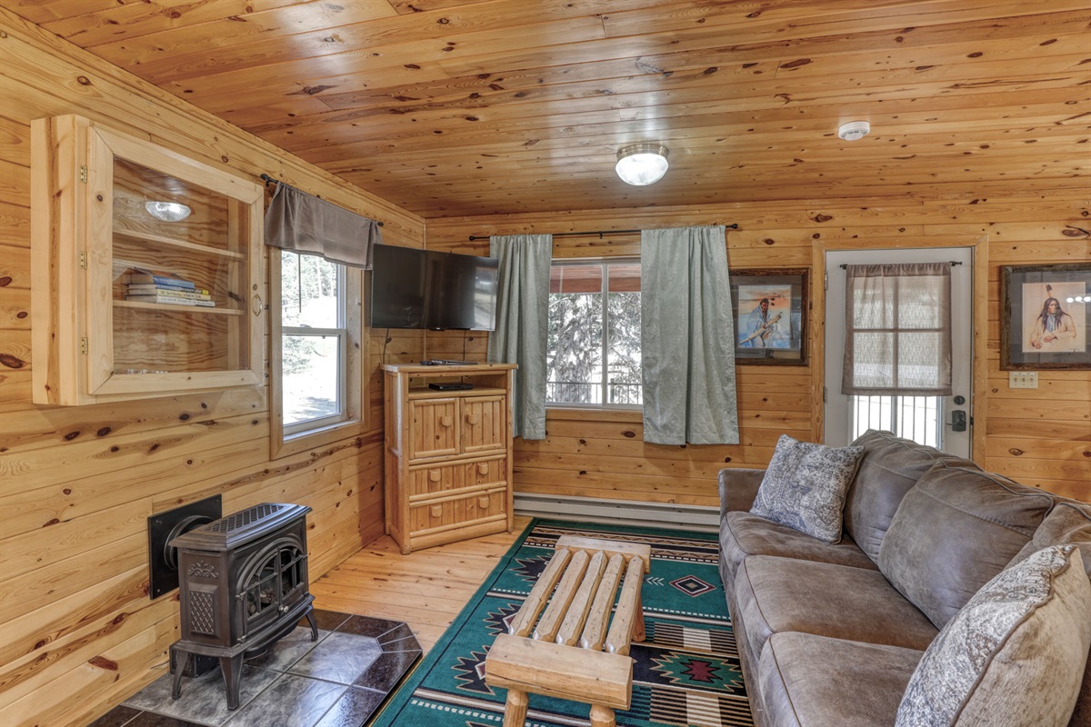 Living area with TV and sofa and fire