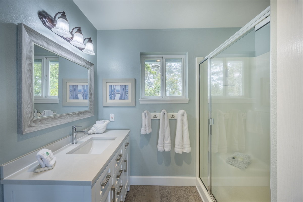 Master bath features fresh white towels and a walk-in closet.