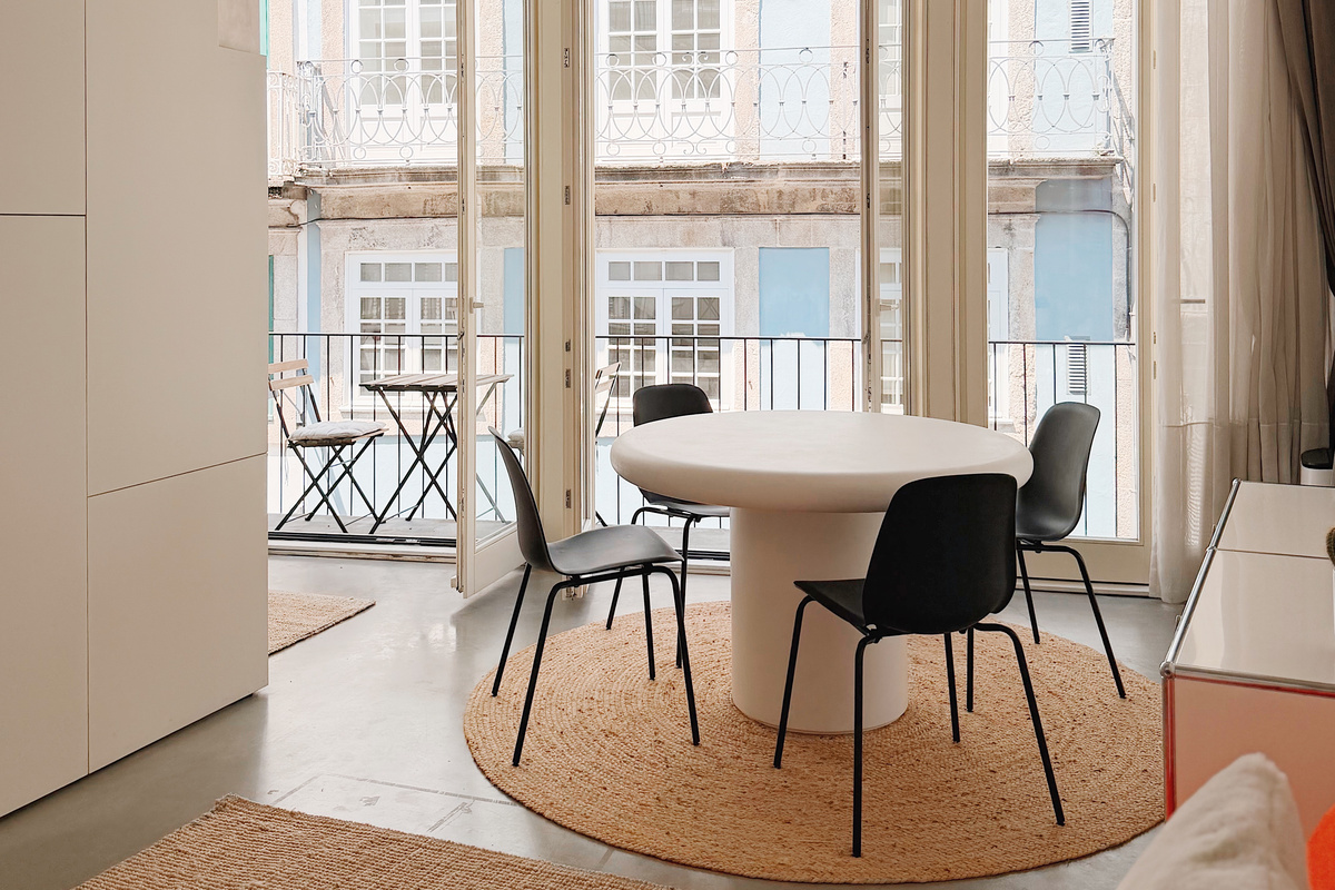 Dining area with French doors open.