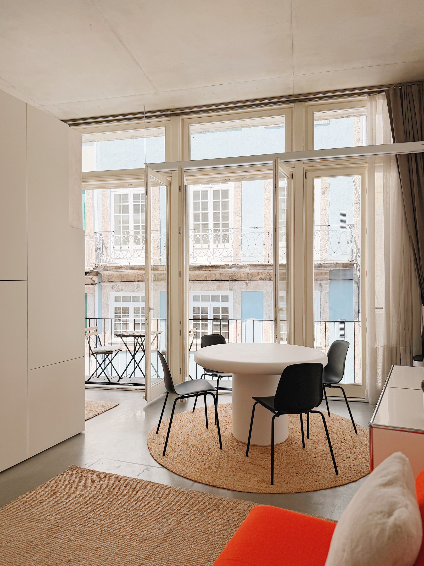 Dining area with French doors open.