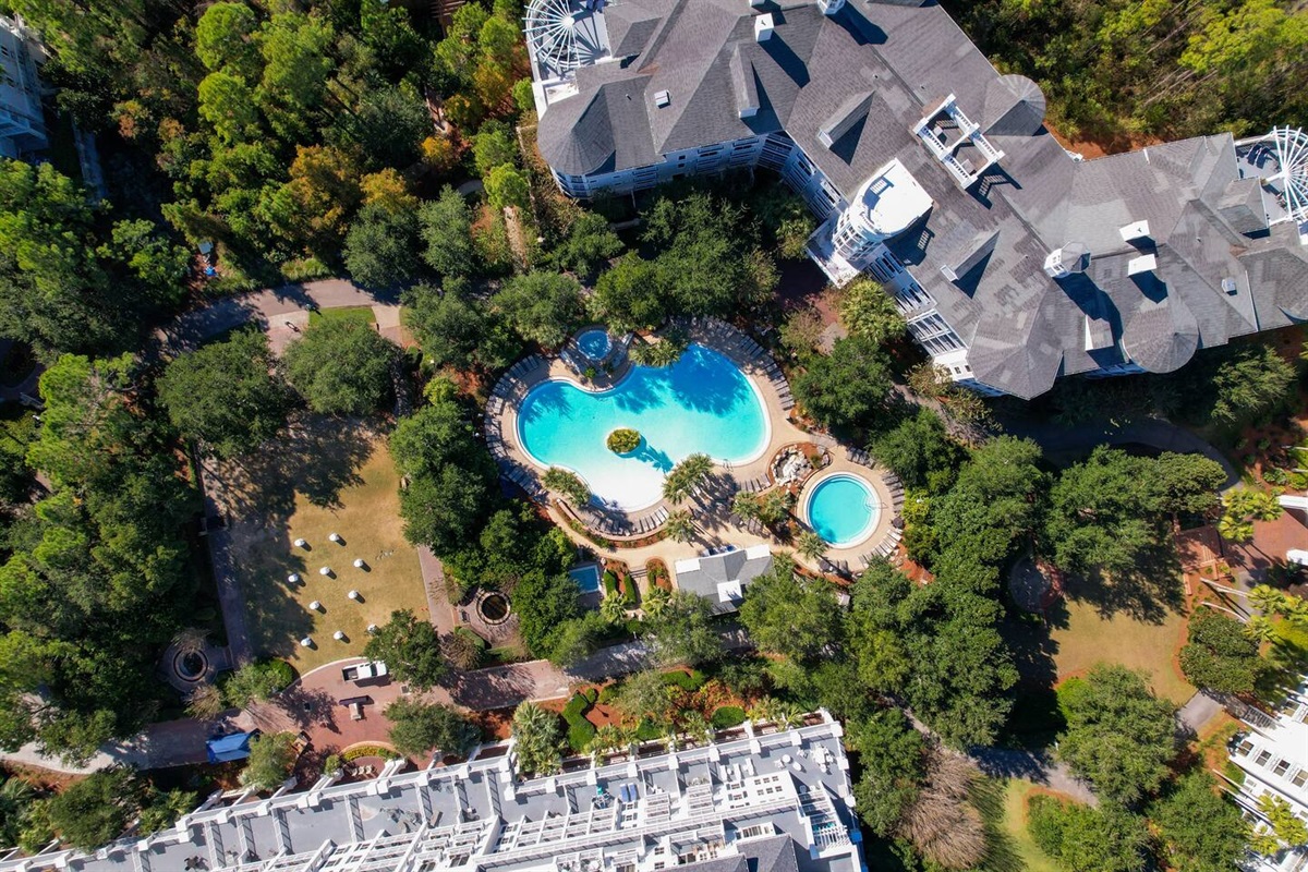 Ariel footage of The Grand's large heated pool and two hot tubs available to all guests.
