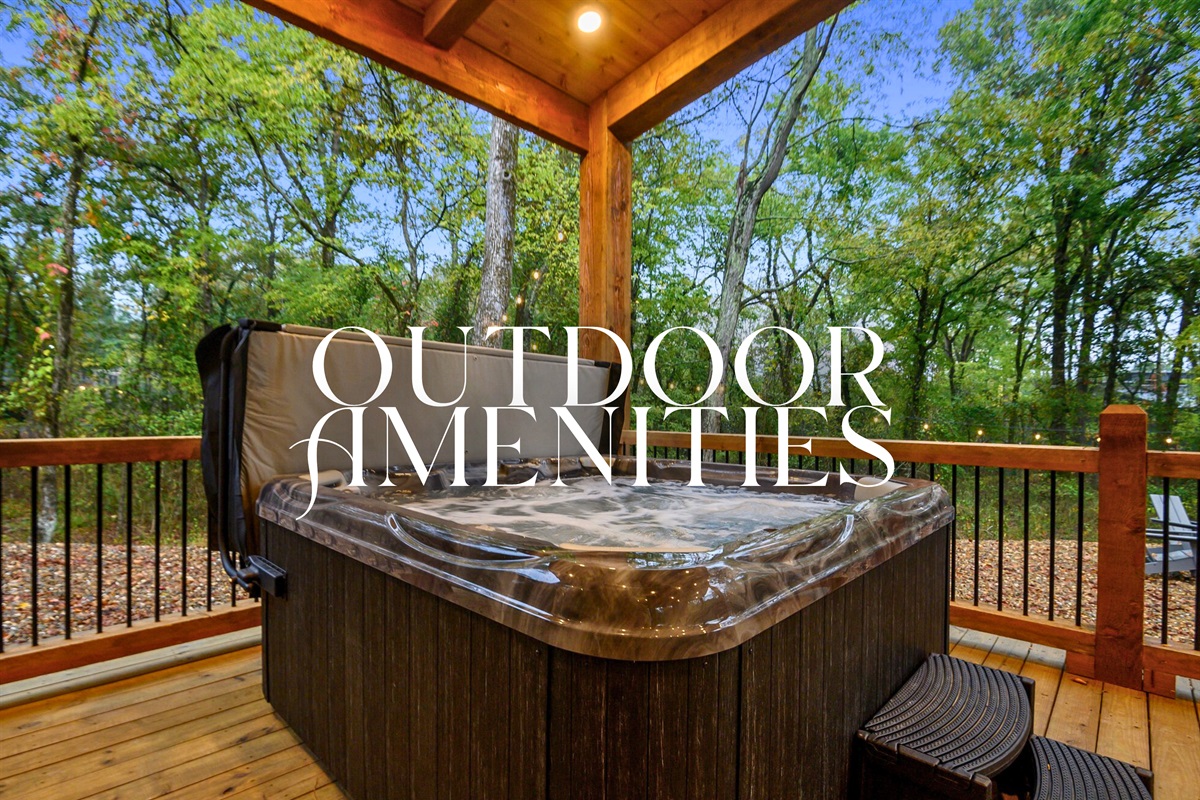 The hot tub on this covered deck is all about soaking with a view—peaceful mornings or starlit evenings await.