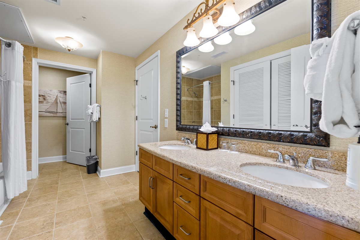Master Bathroom with Shower and Bathtub, dual vanities and separate toilet room