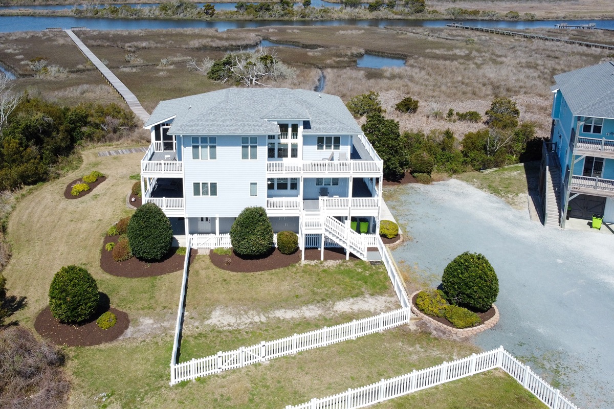 Full aerial view of the home backyard and private boardwalk to the sound