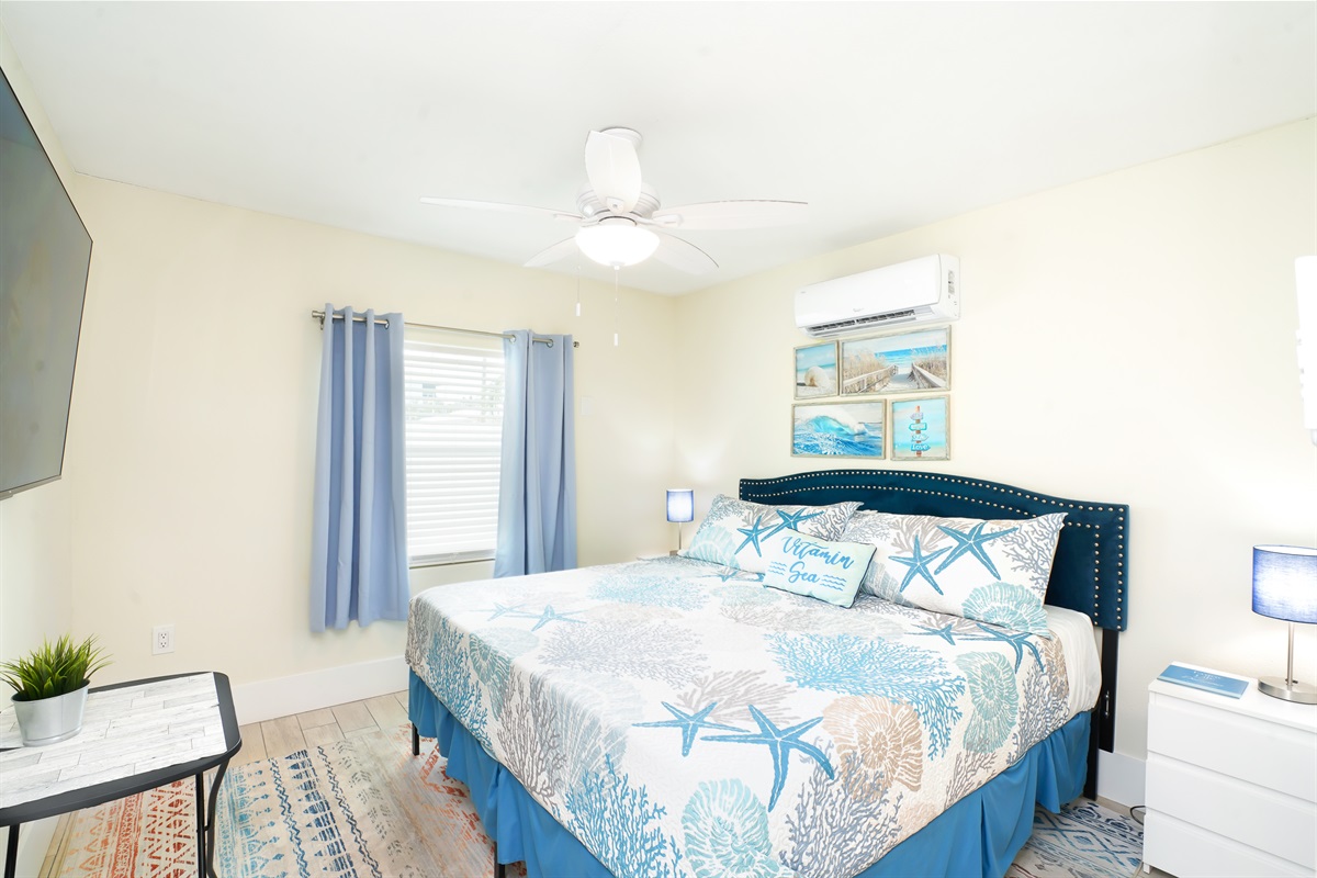 Unit B bedrooms offer king beds and smart TVs.