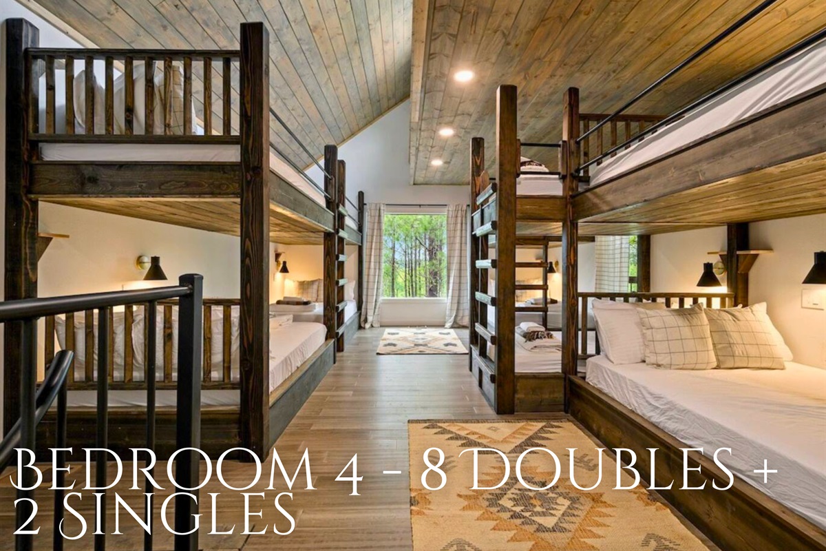 Perfect for kids and groups, the massive bunk room sleeps up to 18 with a mix of full and twin beds.