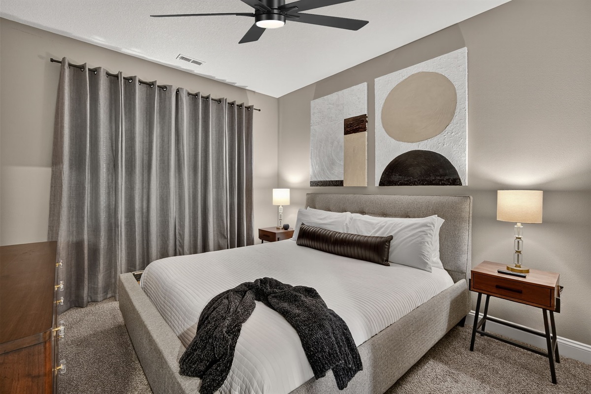 Enjoy a peaceful nights sleep in the Tempurpedic king sized bed and wake up on your own schedule with blackout curtains.