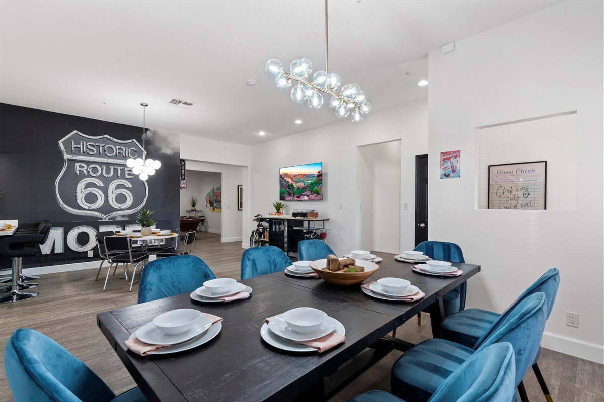 Retro Mural & Nostalgic Design- Record Player & Drink Making Amenities on the bike bar; Small dining for 4 (shown) + 3 bar stools + dining for 8