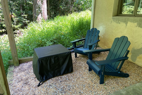 Fire pit and Adirondack chairs (+ additional bench is nearby for more outdoor seating)