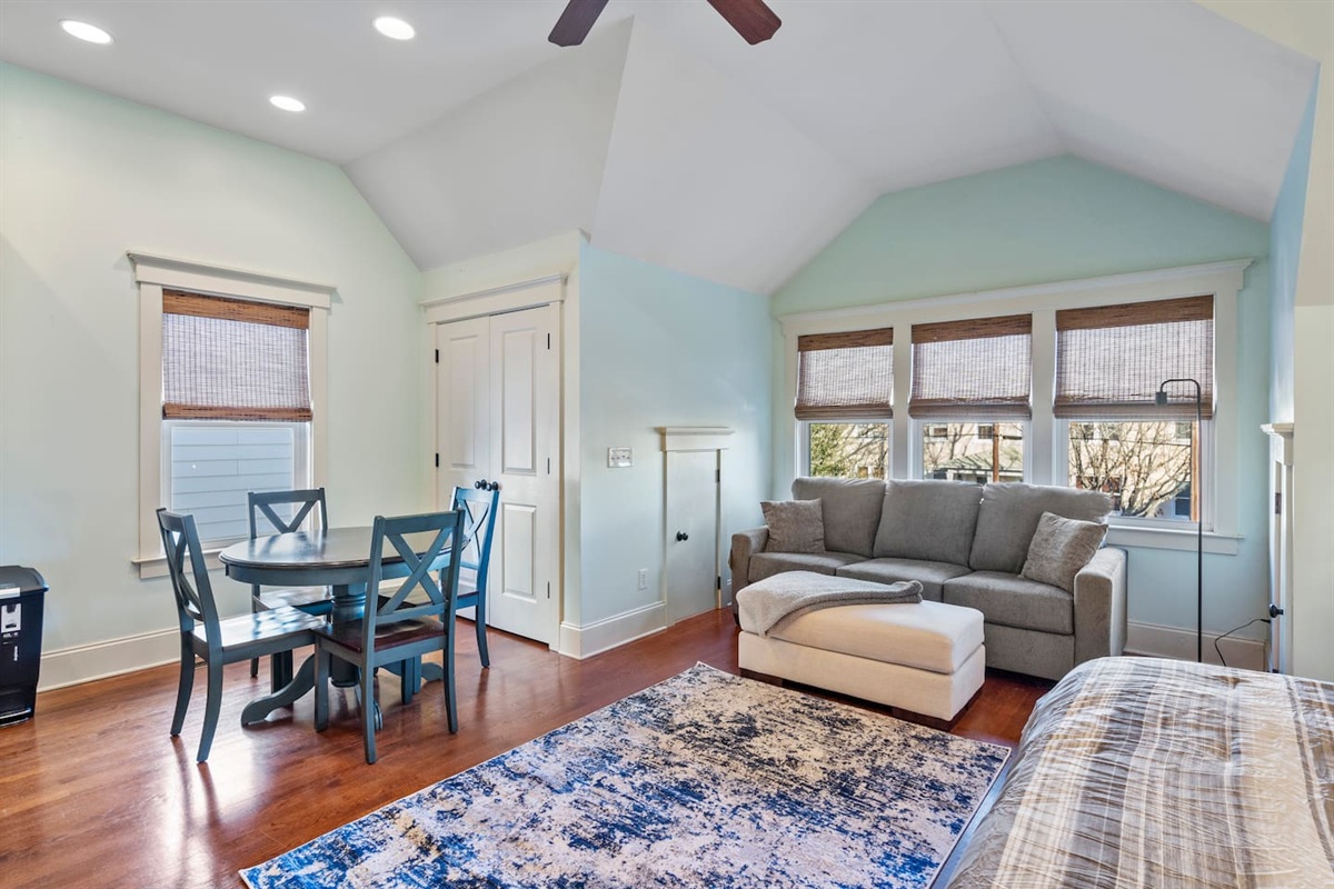 Welcome to the Aweseome Studio! Open layout with queen bed, hardwood floors, and dining area — light, airy, and all yours