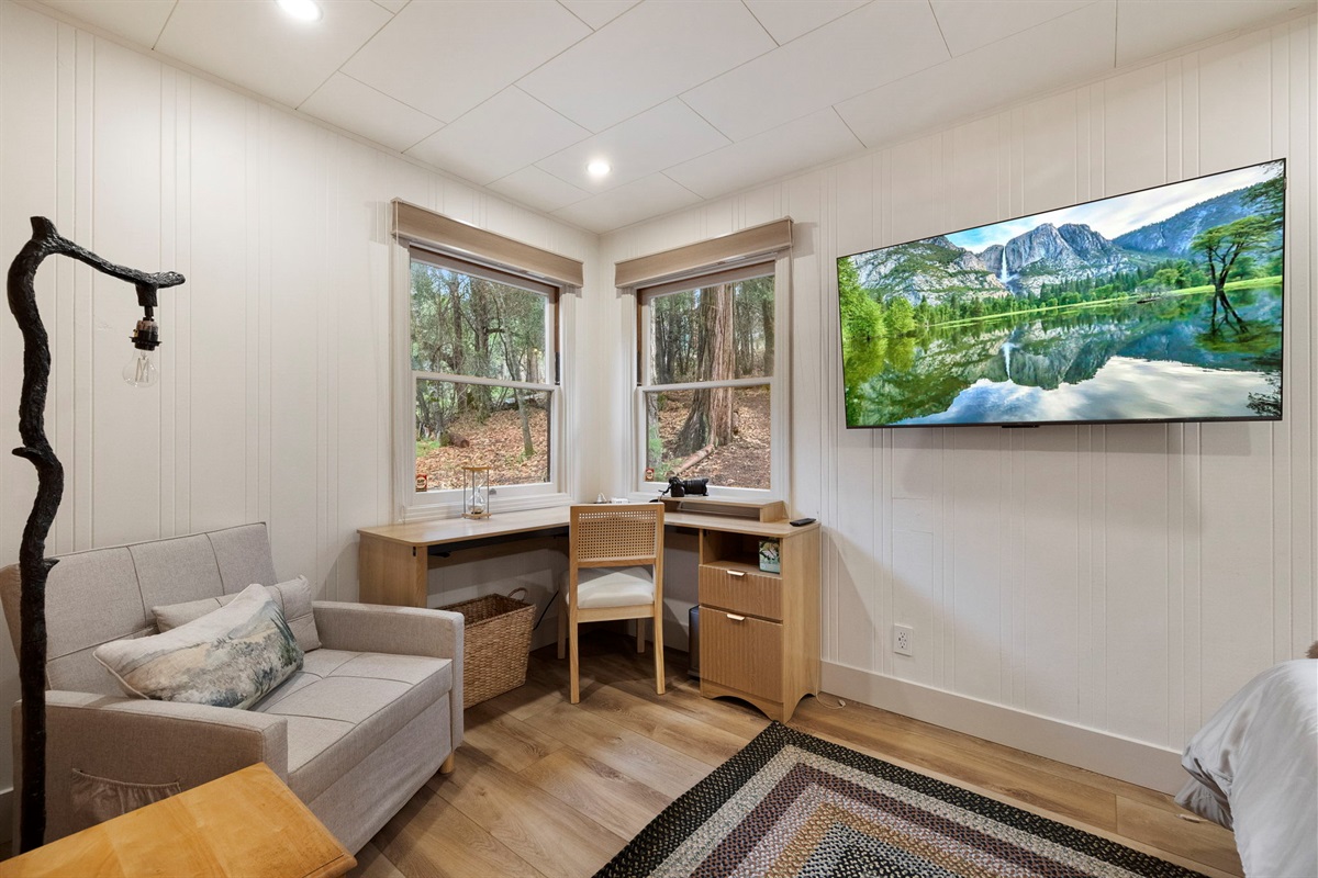 Relax or read in the chair, pull out the lap top and get some work done or even write at the desk. There is a separate area in the master bedroom to utilize some quiet time. The chair can also pull out for a child sleeping spot. 