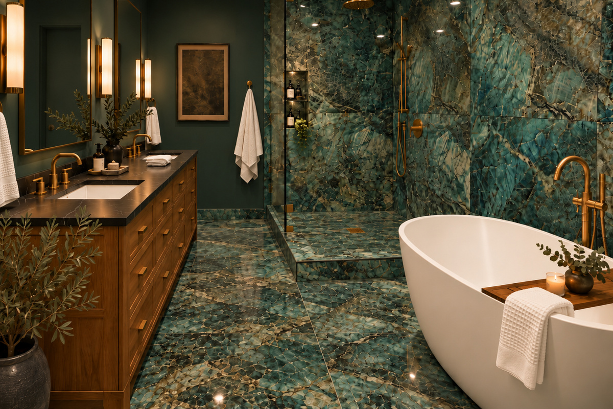 {Bathroom 1} The bunk room ensuite is its own little jewel box — a cozy spot for a long bath with a freestanding soaking tub, dramatic green stone, and warm brass finishes.